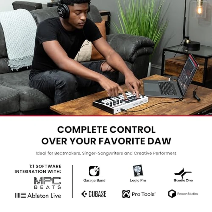 Akai Professional MPK Mini MK3 25 Key USB MIDI Keyboard Controller With 8 Backlit Drum Pads, 8 Knobs, Music Production Software and Native Instruments Sound Package (NKS Integration), White by Akai Professional - Image 2