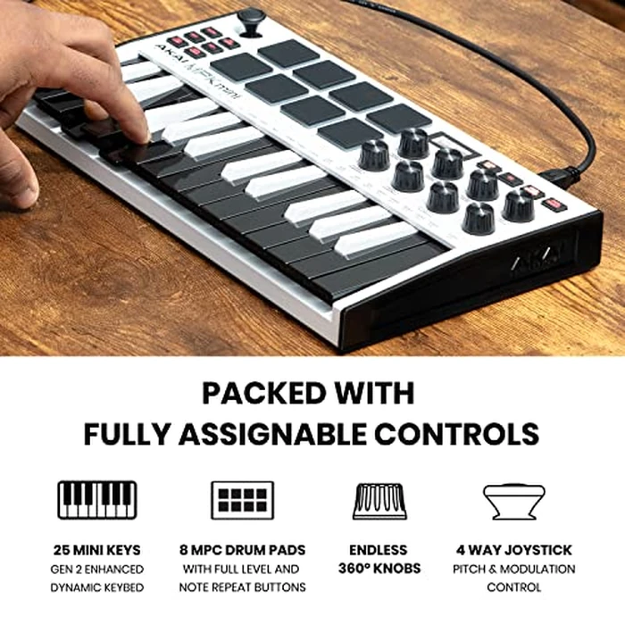 Akai Professional MPK Mini MK3 25 Key USB MIDI Keyboard Controller With 8 Backlit Drum Pads, 8 Knobs, Music Production Software and Native Instruments Sound Package (NKS Integration), White by Akai Professional - Image 3