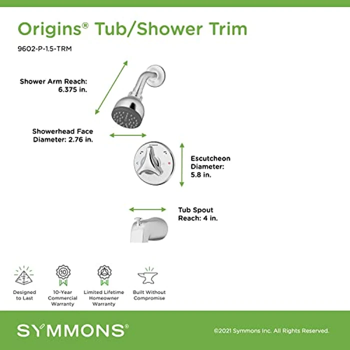 Symmons 9602-P-1.5-TRM Origins Single Handle 1-Spray Tub and Shower Faucet Trim in Polished Chrome - 1.5 GPM (Valve Not Included) by Symmons - Image 2