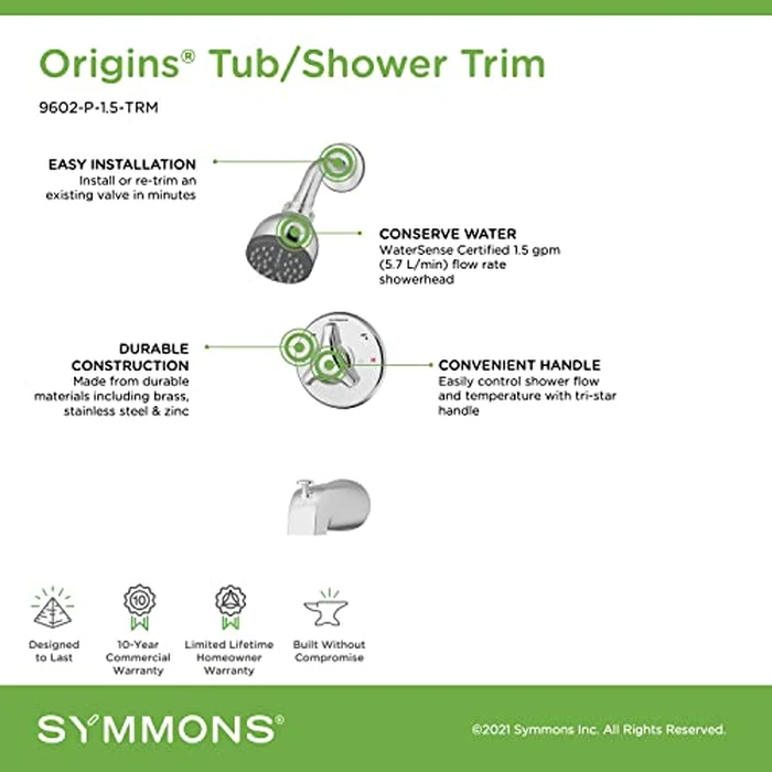 Symmons 9602-P-1.5-TRM Origins Single Handle 1-Spray Tub and Shower Faucet Trim in Polished Chrome - 1.5 GPM (Valve Not Included) by Symmons - Image 3