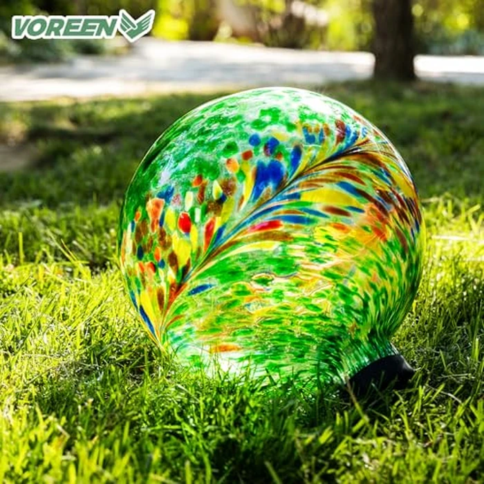 VOREEN 10-Inch Glass Gazing Ball, Outdoor Gazing Globe, Handmade Reflective Ball Yard Decoration for Homes, Patio, Lawn and Gardens, Gift for Mom Wife Friend, Phoenix Tail Design, Green by VOREEN - Image 3