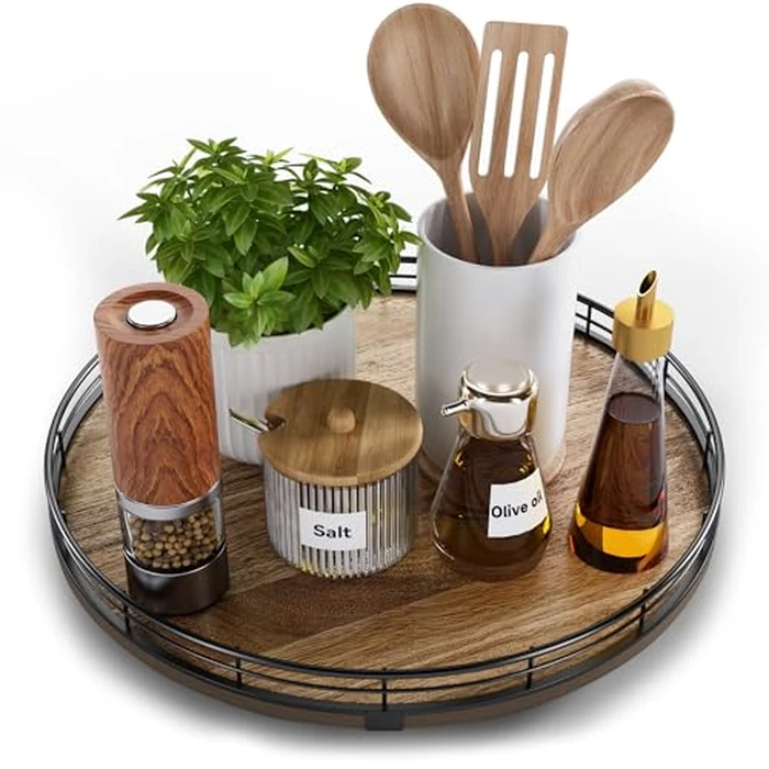 Acacia Wood 13" Lazy Susan Turntable Organizer for Table Top, Farmhouse Round Wooden Lazy Susan for Cabinet Kitchen Centerpieces Coffee Table, for Condiments Spices, Bathroom Vanity Tray Decor by HGF - Used - Acceptable condition - CA$26.34