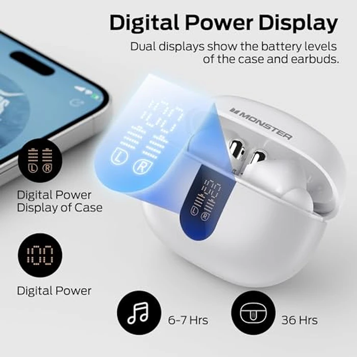 Monster N-Lite 211 Wireless Earbuds, Bluetooth 6.0 in-Ear Headphones, Hi-Fi Stereo Sound, Built-in Noise-Cancelling Mic for Clear Calls, LED Display, 36H Playtime, IPX5 Waterproof Design for Sports by Monster - Image 5