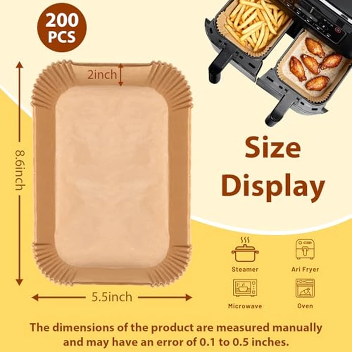 Ceecysaa 200PCS Air Fryer Liners Oil-Water Resistant,8.6x5.5'' Rectangular,Food-Grade Non-Stick, Air Fryer Parchment Paper Liners for Baking,Frying,Grilling by Ceecysaa - Image 2