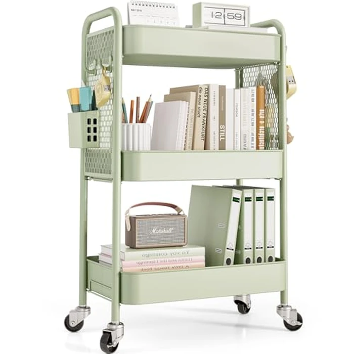TOOLF 3 Tier Rolling Cart Storage Organizer, Metal Rolling Utility Cart with Wheels, Hooks & Bins Esthetician Craft Art Sturdy Storage with Pegboard for Bathroom, Kitchen, Office, Nursery Diaper by TOOLF - Used - Acceptable condition - CA$35.95