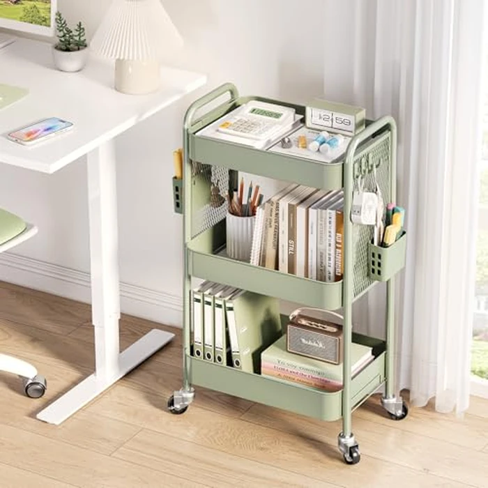 TOOLF 3 Tier Rolling Cart Storage Organizer, Metal Rolling Utility Cart with Wheels, Hooks & Bins Esthetician Craft Art Sturdy Storage with Pegboard for Bathroom, Kitchen, Office, Nursery Diaper by TOOLF - Image 2