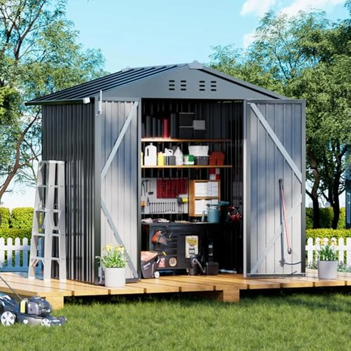COMHOMA Shed Outdoor Storage Shed Metal,Lockable Doors Tool Sheds with Sloping Roof,Steel Garden Shed with Air Vent for Backyard,Patio,Lawn,Poolside(Grey,6'x4') by COMHOMA - Image 1