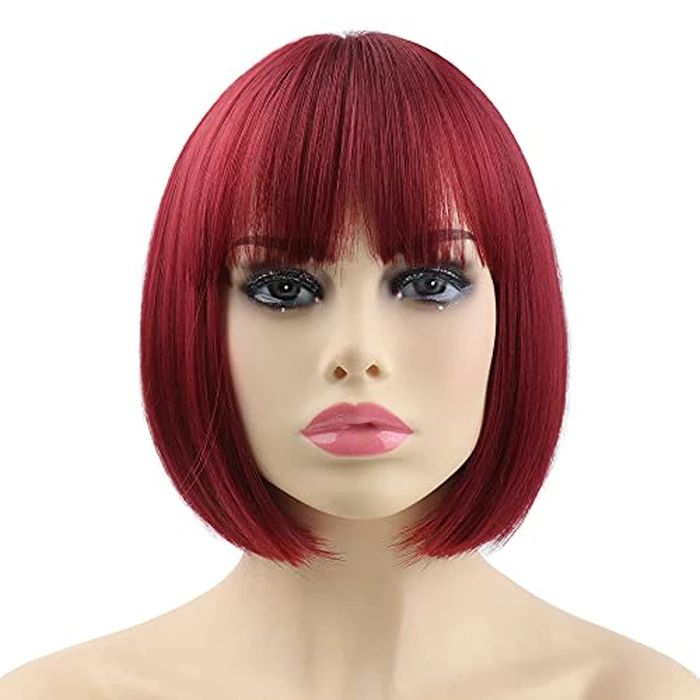 Bob Wig,Short Wigs Burgundy Synthetic 10" Straight SYXLCYGG Womens Hair Wig With Bangs Girl Cosplay Party White Women Daily (Free Wig Cap) by SYXLCYGG - Used - Like New condition - CA$19.06