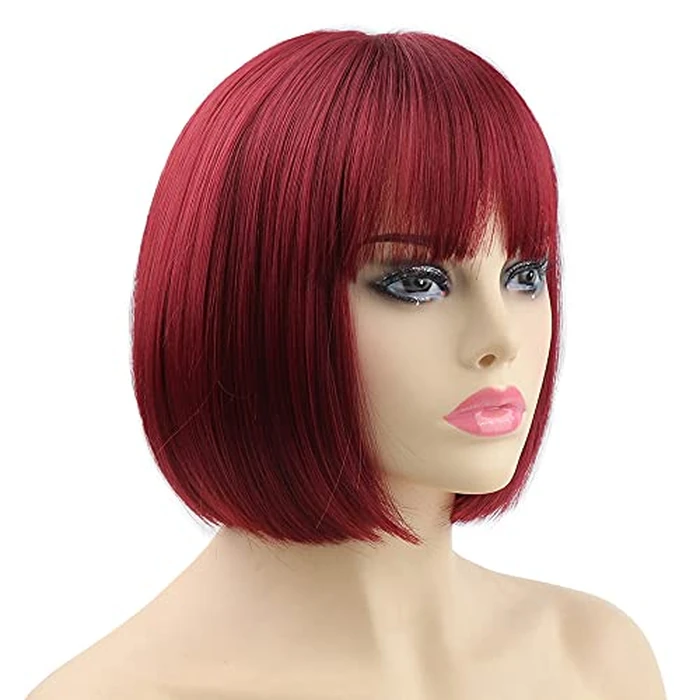 Bob Wig,Short Wigs Burgundy Synthetic 10" Straight SYXLCYGG Womens Hair Wig With Bangs Girl Cosplay Party White Women Daily (Free Wig Cap) by SYXLCYGG - Image 2
