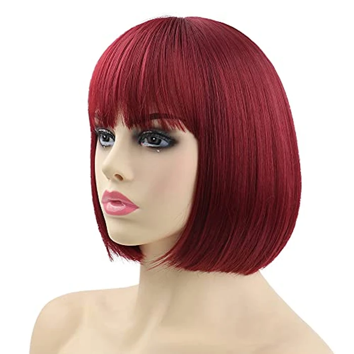 Bob Wig,Short Wigs Burgundy Synthetic 10" Straight SYXLCYGG Womens Hair Wig With Bangs Girl Cosplay Party White Women Daily (Free Wig Cap) by SYXLCYGG - Image 3