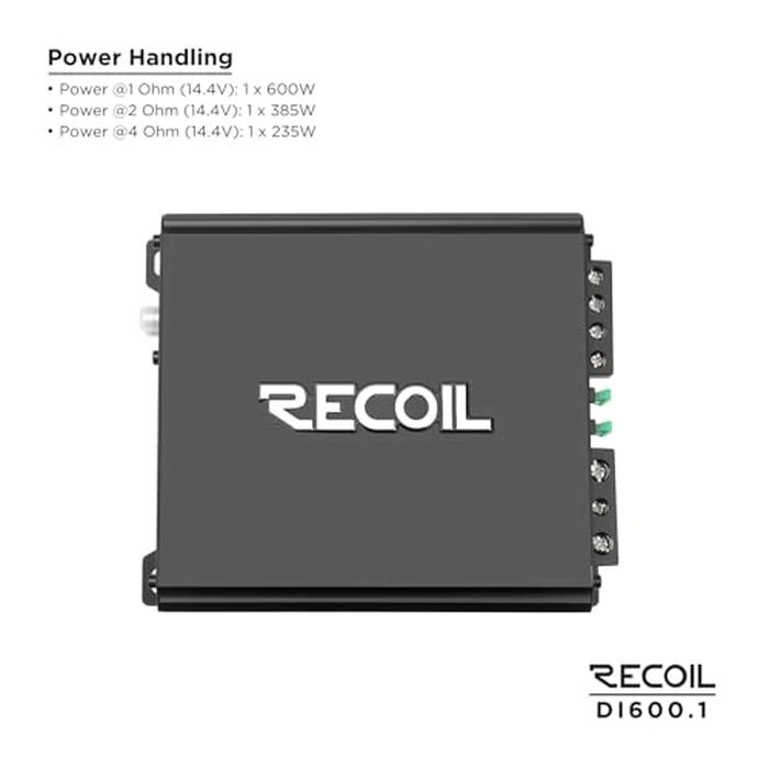 Recoil DI600.1 Class-D Car Audio Mono-Block Subwoofer Amplifier, 1200 Watts Max Power, 2/4 Ohm Stable, Mosfet Power Supply, Remote Bass Knob Included by RECOIL - Image 2