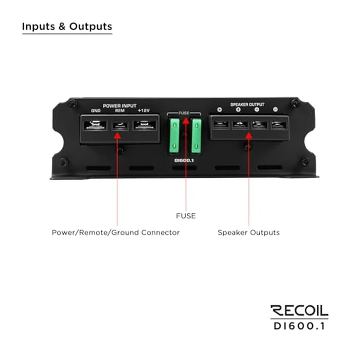 Recoil DI600.1 Class-D Car Audio Mono-Block Subwoofer Amplifier, 1200 Watts Max Power, 2/4 Ohm Stable, Mosfet Power Supply, Remote Bass Knob Included by RECOIL - Image 3