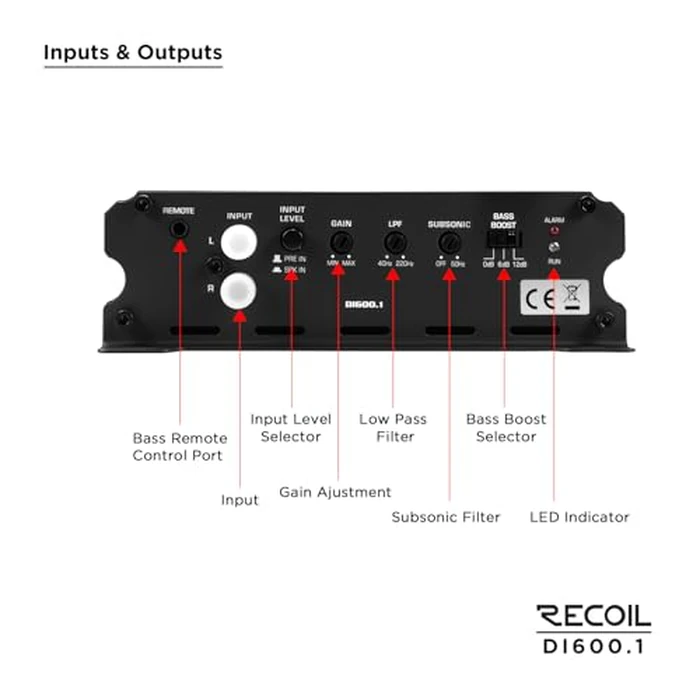 Recoil DI600.1 Class-D Car Audio Mono-Block Subwoofer Amplifier, 1200 Watts Max Power, 2/4 Ohm Stable, Mosfet Power Supply, Remote Bass Knob Included by RECOIL - Image 4