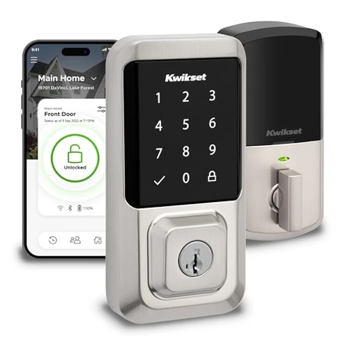 Kwikset Halo Wi-Fi Smart Lock, Keyless Entry Door Deadbolt, Geofence Auto-Unlock, Grade AAA Certified, No Hub Required Easy Install, Satin Nickel Lifetime Finish Warranty, Touchscreen by Kwikset - Used - Acceptable condition - US$140.04