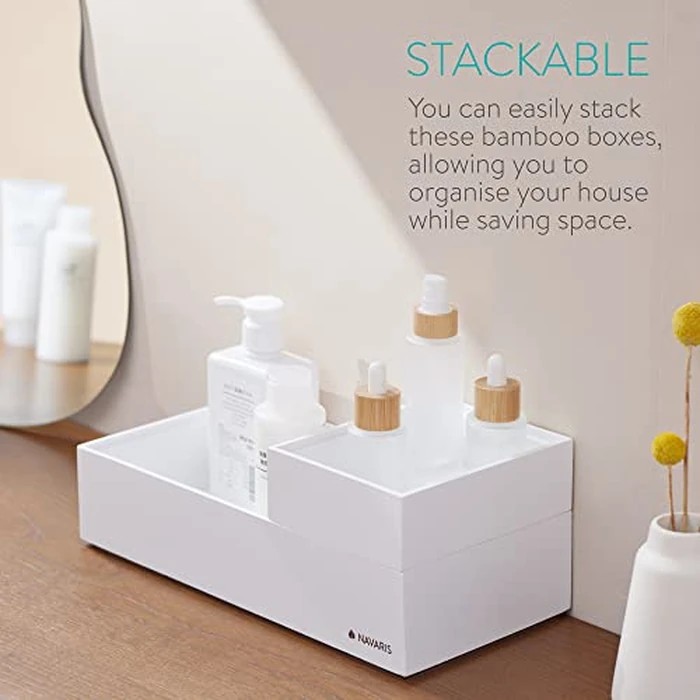 Navaris Bamboo Storage Boxes - Set of 2 Wood Stackable Box Organizers for Bedroom, Kitchen, Bathroom, Living Room, Makeup, Jewelry, Accessories - White by NAVARIS - Image 3