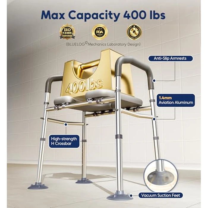 Bluelog Toilet Seat Risers for Seniors, 6 Width & 7 Height Adjustable Raised Toilet Seat with Handles, Elevated Toilet Seat for Elderly, Handicap, Heavy Duty 400lbs Build, Fit Any Toilet, Grey by Bluelog - Image 4