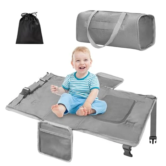 Toddler Airplane Travel Bed, Airplane Seat Extender for Kids, Plane Must Have for Toddlers, Baby Travel Essentials for Flying, Portable Travel Bag Foot Rest for Flights(Grey) by Unipinkart - Used - Very Good condition - CA$21.78