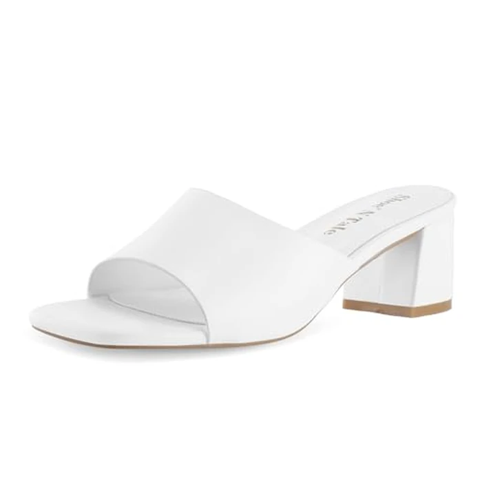 Shoe'N Tale Heeled Sandals For Women Square Open Toe Heeled Mules Chunky Block Low Heel Slip On Slides(6,White Pu) by Shoe'N Tale - Used - Like New condition