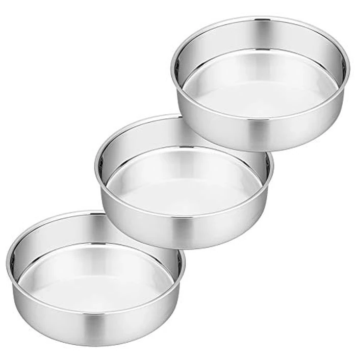 P&P CHEF 8 Inch Round Cake Pan Set of 3, Stainless Steel Round Baking Layer Pans Bakeware for Layer Birthday Cake, Fit Oven/Pots/Pressure Cooker, Leakproof & Dishwasher Safe, Silver by P&P CHEF - Used - Very Good condition - US$14.41