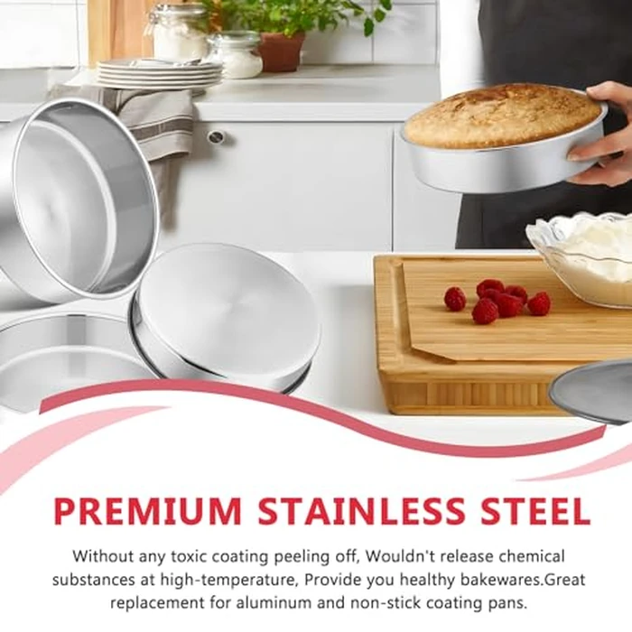 P&P CHEF 8 Inch Round Cake Pan Set of 3, Stainless Steel Round Baking Layer Pans Bakeware for Layer Birthday Cake, Fit Oven/Pots/Pressure Cooker, Leakproof & Dishwasher Safe, Silver by P&P CHEF - Image 3