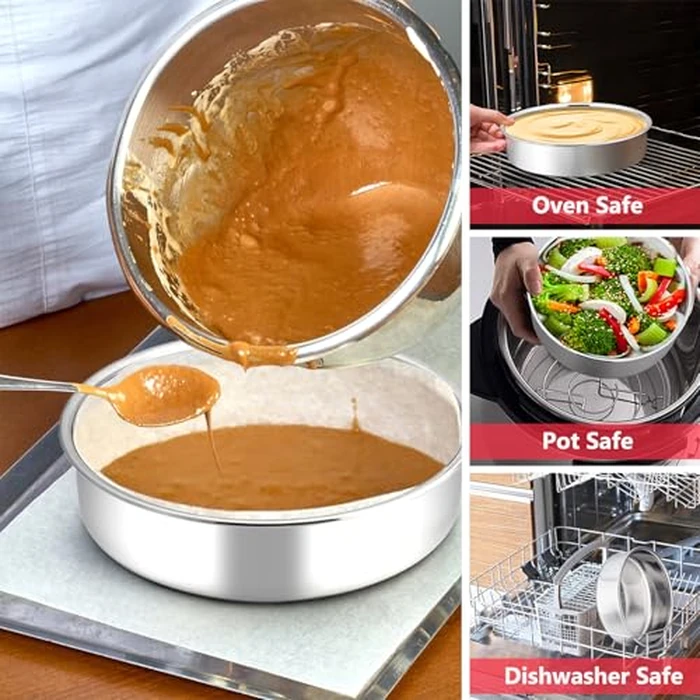 P&P CHEF 8 Inch Round Cake Pan Set of 3, Stainless Steel Round Baking Layer Pans Bakeware for Layer Birthday Cake, Fit Oven/Pots/Pressure Cooker, Leakproof & Dishwasher Safe, Silver by P&P CHEF - Image 4