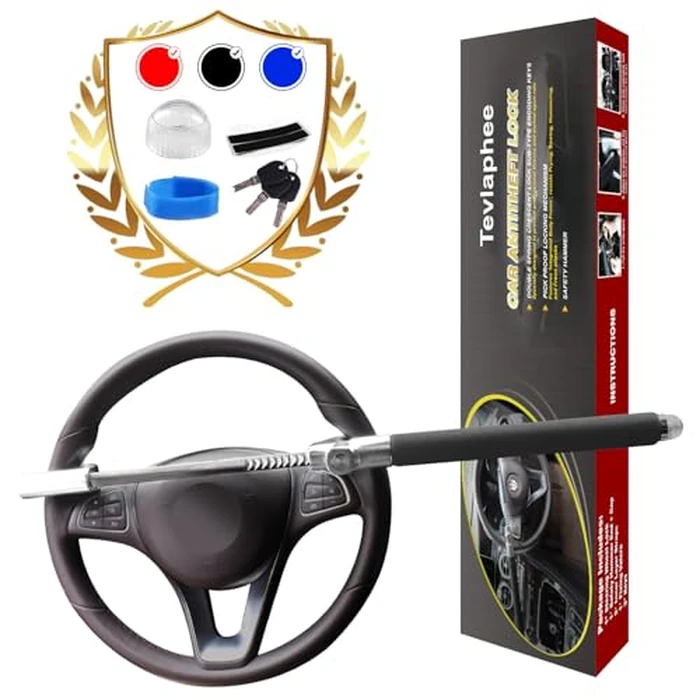 Tevlaphee Steering Wheel Lock for Cars,Wheel Lock,Vehicle Anti-Theft Lock,Adjustable Length Clamp Double Hook Universal Fit Emergency Hammer Window Breaker Self Defense Heavy Duty Secure (Black) by Tevlaphee - Image 1