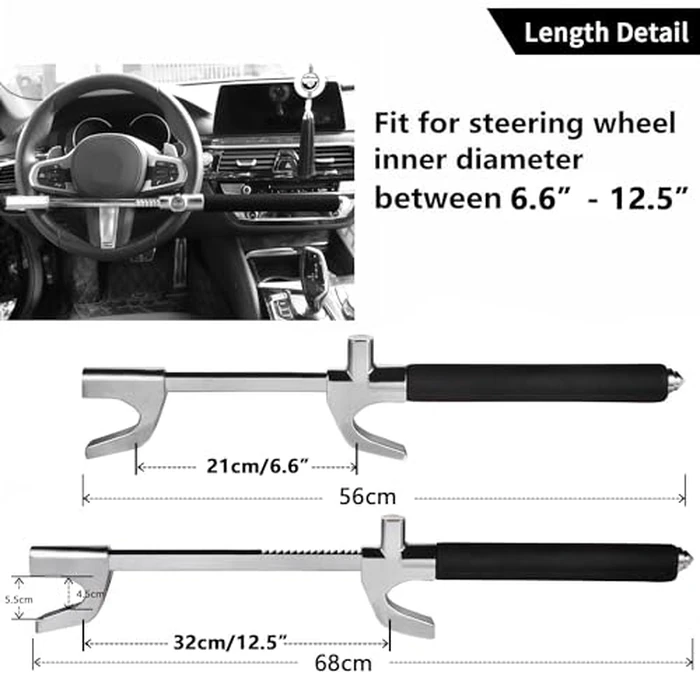 Tevlaphee Steering Wheel Lock for Cars,Wheel Lock,Vehicle Anti-Theft Lock,Adjustable Length Clamp Double Hook Universal Fit Emergency Hammer Window Breaker Self Defense Heavy Duty Secure (Black) by Tevlaphee - Image 2