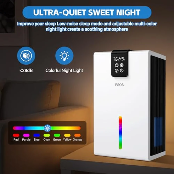 PSOS Dehumidifier, 98 OZ Water Tank, Dehumidifier for Home 1000Sq.Ft Quiet Dehumidifiers for Basement, Bedroom, Bathroom, RV with Humidity Display, Auto Shut Off, Relaxing 7 Color Ambient Light by PSOS - Image 5