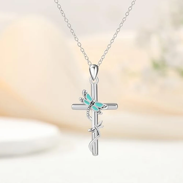 HolaJune Cross Necklace for Women 925 Sterling Silver Double Dragonfly Pendant Necklace for s Mom Wife Gift for Mother's Day or Birthday by HolaJune - Image 2