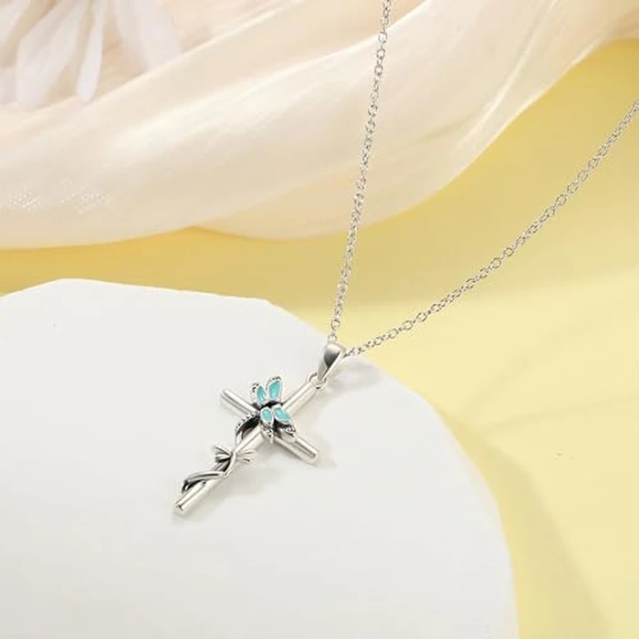 HolaJune Cross Necklace for Women 925 Sterling Silver Double Dragonfly Pendant Necklace for s Mom Wife Gift for Mother's Day or Birthday by HolaJune - Image 3