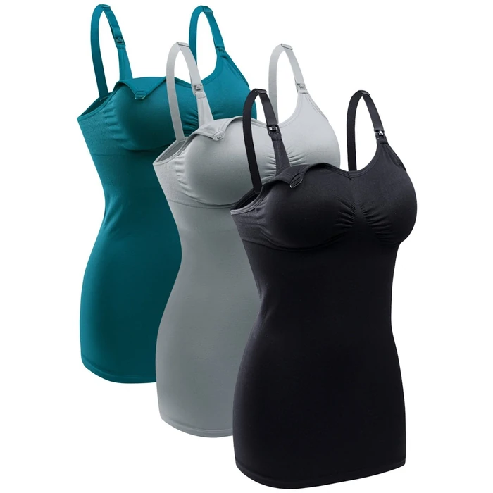 Womens Nursing Tank Tops Built in Bra for Breastfeeding Maternity Camisole Brasieres Color Black Grey Green Size L Pack of 3 by BRLIDO - Used - Like New condition - US$26.79