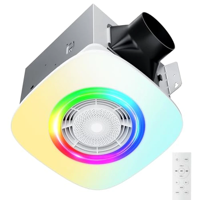 Amico Bathroom Exhaust Fan with Bluetooth Speaker, 110CFM 1.0 Sone Smart Shower Vent Fan with Light, 2000LM 24W Brightness, Dimmable, 3CCT-3000K/4000K/5000K, RGB, Music Sync, Remote, ETL & FCC by Amico - Used - Like New condition - US$94.99