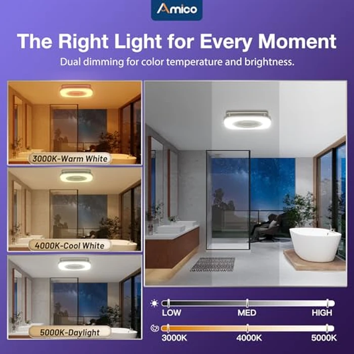 Amico Bathroom Exhaust Fan with Bluetooth Speaker, 110CFM 1.0 Sone Smart Shower Vent Fan with Light, 2000LM 24W Brightness, Dimmable, 3CCT-3000K/4000K/5000K, RGB, Music Sync, Remote, ETL & FCC by Amico - Image 3