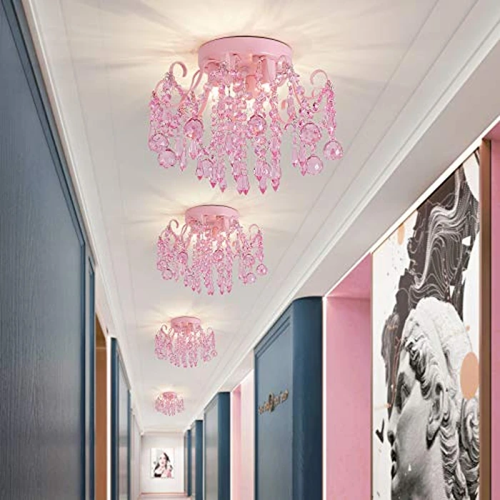 Q&S Mini Chandelier Crystal,Semi Flush Mount Pink Girl Chandelier, Small Crystal Ceiling Light Fixture Bedroom Bathroom Closet Nursery 3 Lights by Q&S - Image 3