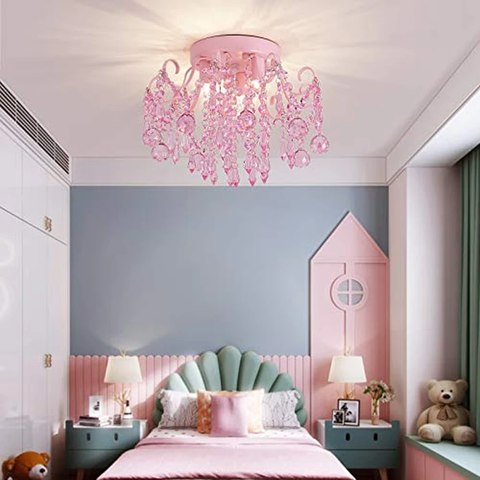 Q&S Mini Chandelier Crystal,Semi Flush Mount Pink Girl Chandelier, Small Crystal Ceiling Light Fixture Bedroom Bathroom Closet Nursery 3 Lights by Q&S - Image 4