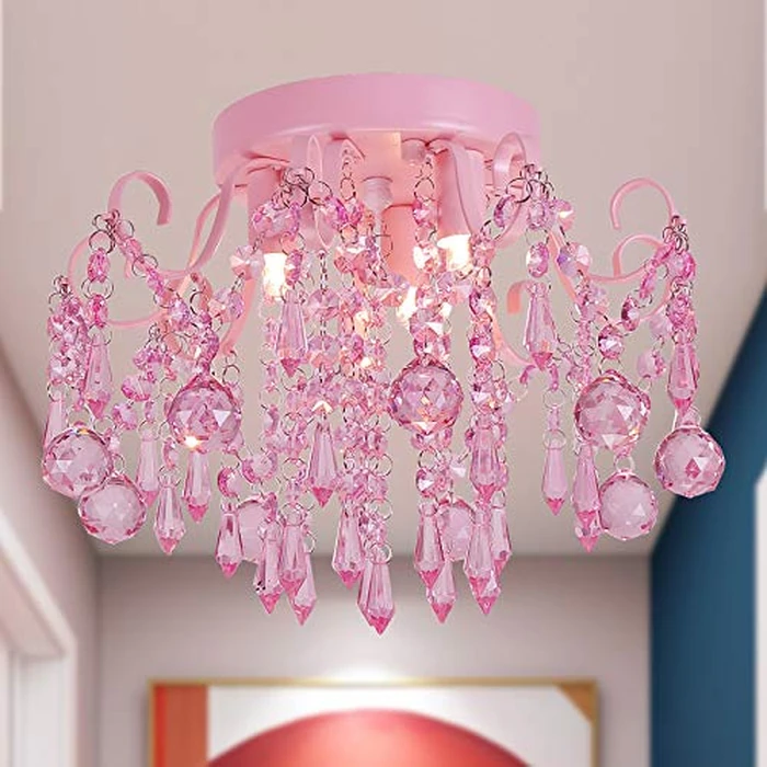 Q&S Mini Chandelier Crystal,Semi Flush Mount Pink Girl Chandelier, Small Crystal Ceiling Light Fixture Bedroom Bathroom Closet Nursery 3 Lights by Q&S - Image 7