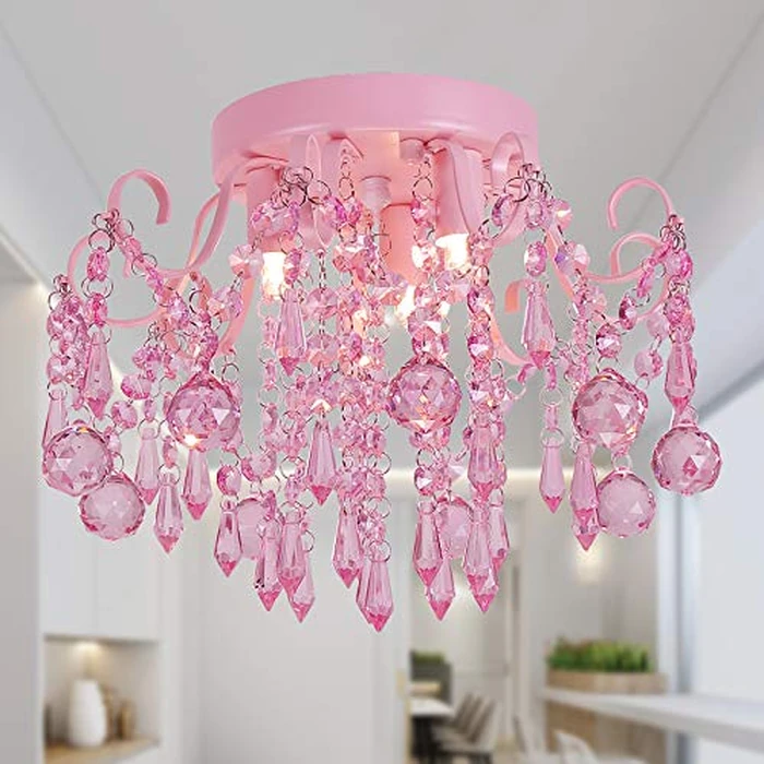 Q&S Mini Chandelier Crystal,Semi Flush Mount Pink Girl Chandelier, Small Crystal Ceiling Light Fixture Bedroom Bathroom Closet Nursery 3 Lights by Q&S - Image 8