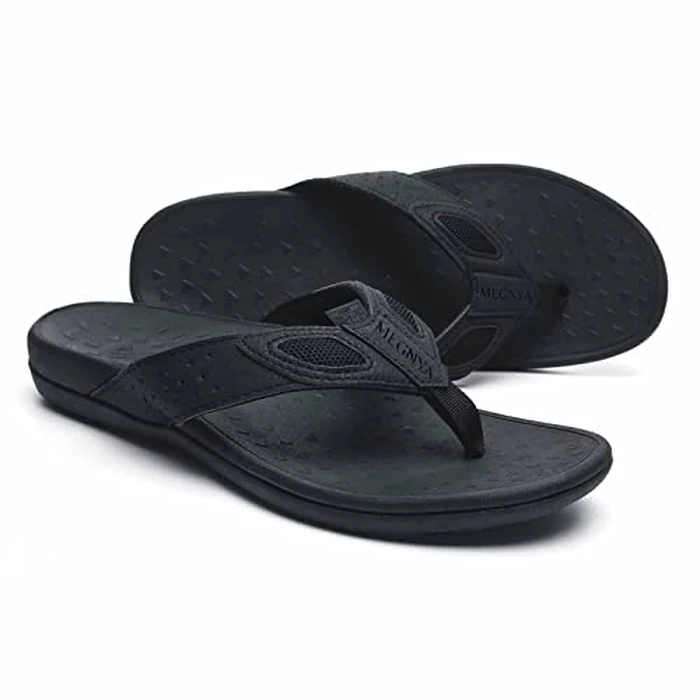 MEGNYA Mens Sport Flip Flops Comfort Casual Thong Sandals with Arch Support for Plantar Fasciitis Flat Feet Outdoor Beach Slippers pure black Size 10 by MEGNYA - Used - Like New condition - US$43.69
