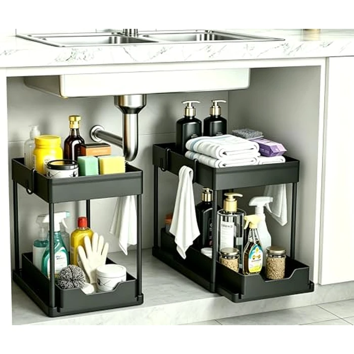 DEKAVA Under Sink Organizer 2 Pack, Bathroom Organizers, 2 Tier Sliding Cabinet Basket Organizer Drawer, Multi-Purpose Bath Collection Baskets for Bathroom (Black) by DEKAVA - Used - Like New condition