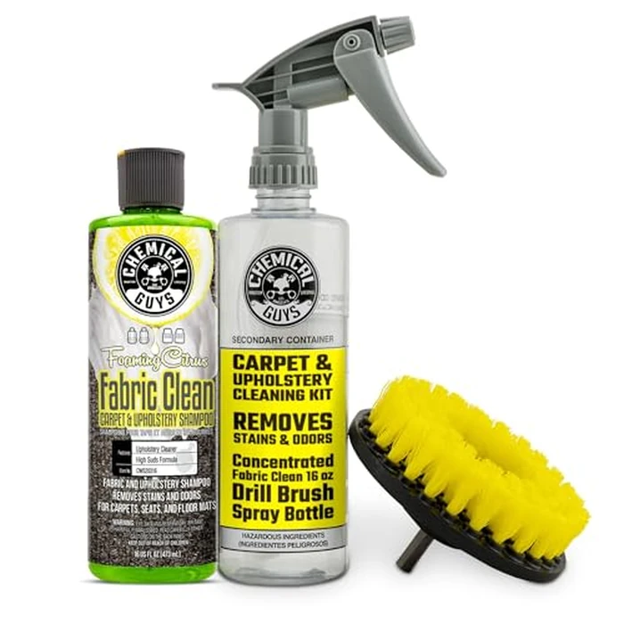 Chemical Guys Foaming Citrus Fabric Clean Drill Brush Kit - High Foaming Stain and Odor Remover, Upholstery, Floor Mat & Car Carpet Cleaner, Deep Cleans & Deodorizes, Citrus Scent - 16 fl oz by Chemical Guys - Used - Very Good condition - US$27.67