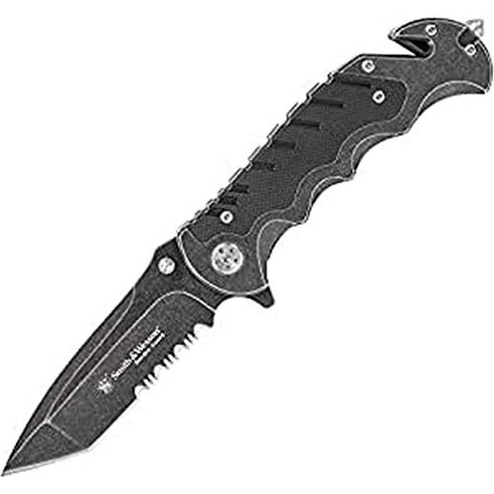 Smith & Wesson Border Guard SWBG10S 8.3in High Carbon S.S. Folding Knife with 3.5in Serrated Tanto Blade and Aluminum Handle for Outdoor, Tactical, Survival and EDC ,Black by Smith & Wesson - Used - Like New condition - US$15.81