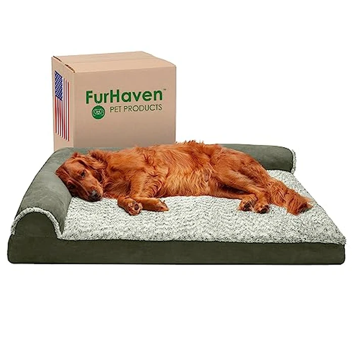 Furhaven Memory Foam Dog Bed for Large Dogs w/Removable Bolsters & Washable Cover, for Dogs Up to 95 lbs - Two-Tone Plush Faux Fur & Suede L Shaped Chaise - Dark Sage, Jumbo/XL by Furhaven - Image 1