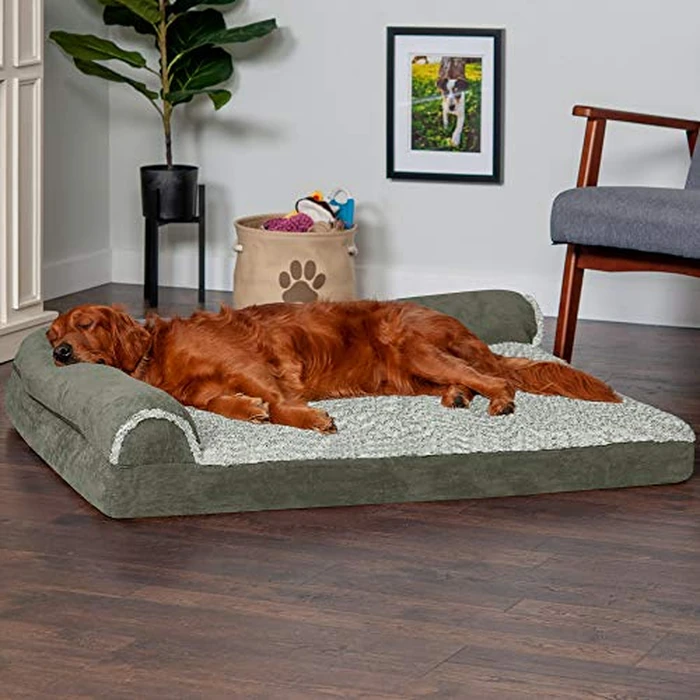 Furhaven Memory Foam Dog Bed for Large Dogs w/Removable Bolsters & Washable Cover, for Dogs Up to 95 lbs - Two-Tone Plush Faux Fur & Suede L Shaped Chaise - Dark Sage, Jumbo/XL by Furhaven - Image 3