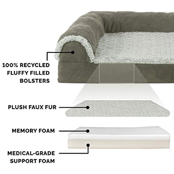 Furhaven Memory Foam Dog Bed for Large Dogs w/Removable Bolsters & Washable Cover, for Dogs Up to 95 lbs - Two-Tone Plush Faux Fur & Suede L Shaped Chaise - Dark Sage, Jumbo/XL by Furhaven - Image 4