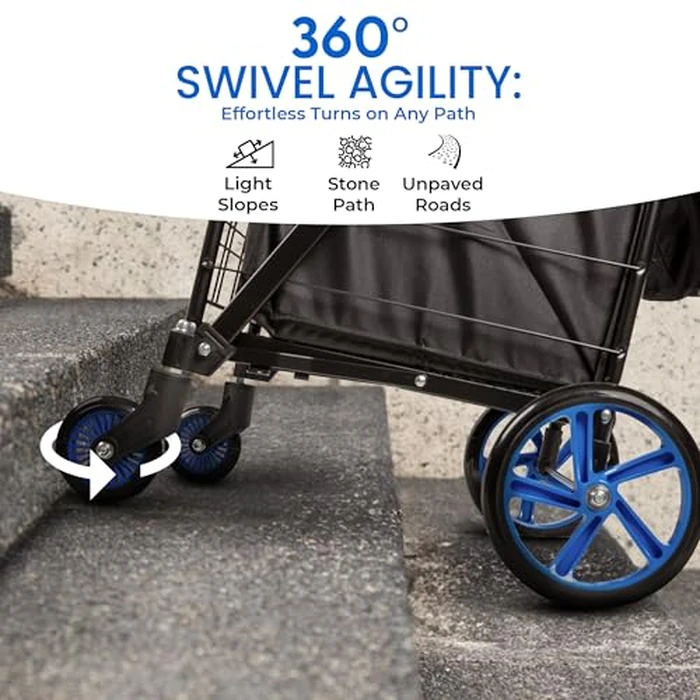 SereneLife Foldable Shopping Cart- Utility Cart w/ Waterproof Cart Liner, Heavy Duty Portable Grocery Cart, 360 degrees Swivel Wheels- 110 lbs Capacity by SereneLife - Image 5