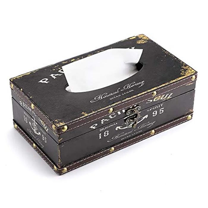 BTSKY Crafted Retro Wooden Rectangular Tissue Box PU Leather Facial Tissue Case World Map Wooden Napkin Dispenser for Home Decor Kitchen Bedroom Living Room and Car, Black Letter by BTSKY - Used - Very Good condition - CA$18.32