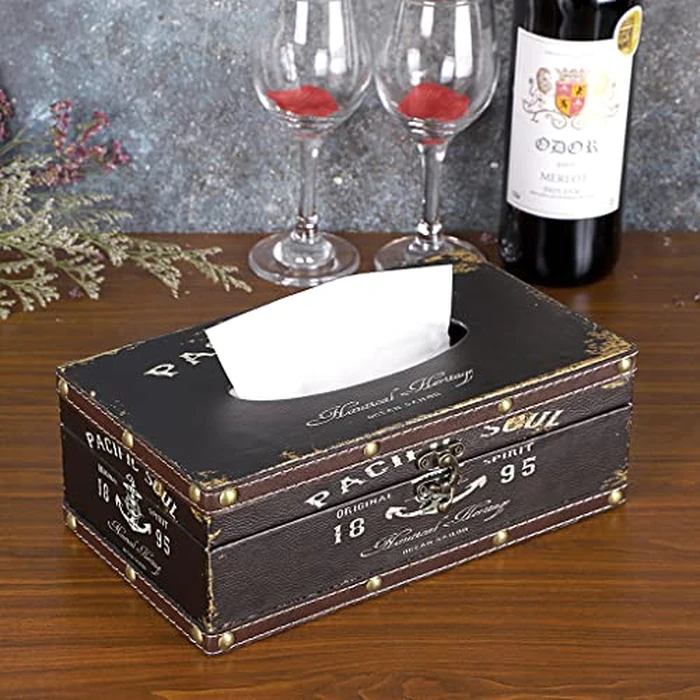 BTSKY Crafted Retro Wooden Rectangular Tissue Box PU Leather Facial Tissue Case World Map Wooden Napkin Dispenser for Home Decor Kitchen Bedroom Living Room and Car, Black Letter by BTSKY - Image 2