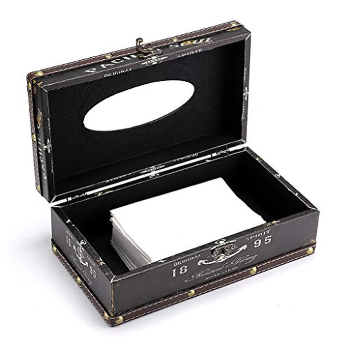 BTSKY Crafted Retro Wooden Rectangular Tissue Box PU Leather Facial Tissue Case World Map Wooden Napkin Dispenser for Home Decor Kitchen Bedroom Living Room and Car, Black Letter by BTSKY - Image 5
