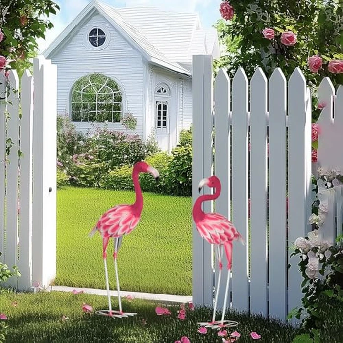 SUNREEK Set of 2 Pink Flamingo Outdoor Statues, Metal Yard Flamingo for Garden Patio Lawn Backyard Decorations by SUNREEK - Image 2