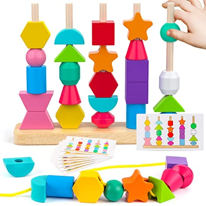 Montessori Wooden Beads Sequencing Toy Set, Stacking Blocks & Lacing Beads & Matching Shape Stacker for 2 3 4 5 Year Old STEM Preschool Learning Montessori Toys Gifts for Kids Boy Girl Toddler by Hieoby - Used - Like New condition - US$16.14